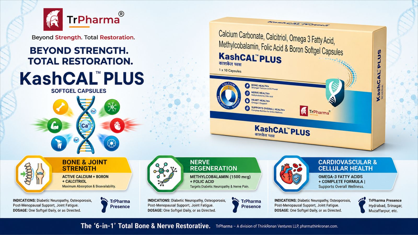 KashCAL PLUS - Beyond Strength Total Restoration. Three pillars: Bone and Joint Strength with Active Calcium Boron and Calcitriol, Nerve Regeneration with Methylcobalamin 1500mcg and Folic Acid, and Cardiovascular and Cellular Health with Omega-3 Fatty Acids - product packaging shown
